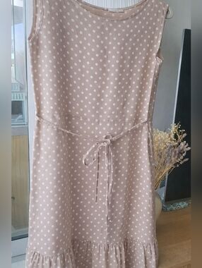 Sleeveless Light Pink Polka Dot Linen Midi Dress